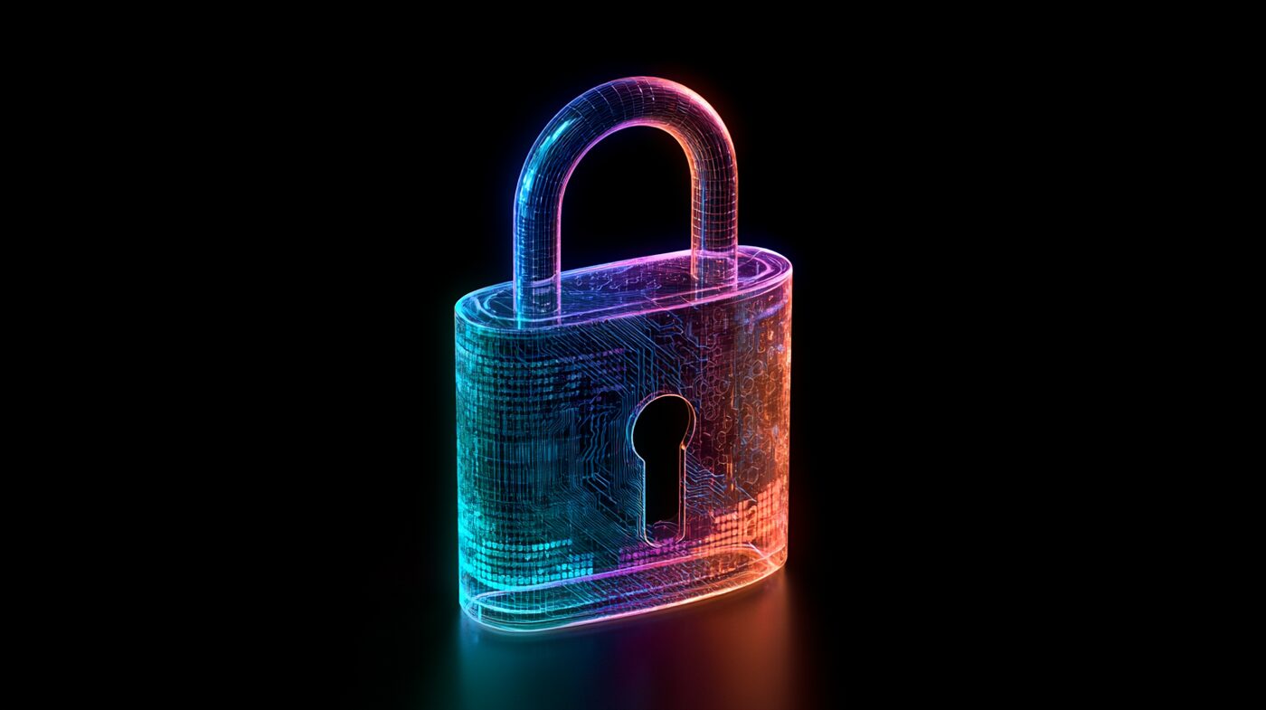 A padlock drawn in glowing circuit lines against a black background.